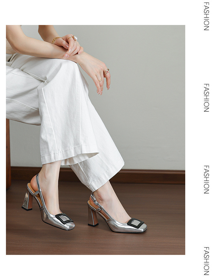 Sandal nữ cao gót mũi vuông quai ngang hở gót — đen chi tiết 9