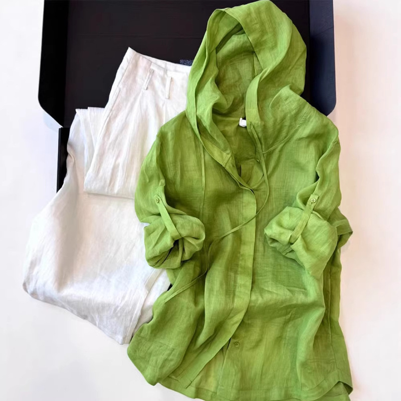 Korean Chic Stylish Youthful High-End Dopamine Green Fashionable Hooded Sun-Protective Shirt for Women in Spring