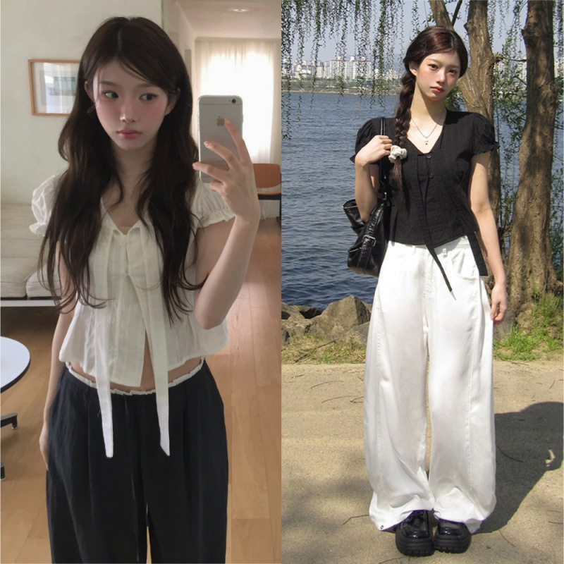 Korean Chic Summer Elegant Slim Lace-Up Puff Sleeve Shirt Short Petite Sweet Age-Reducing Strappy Top
