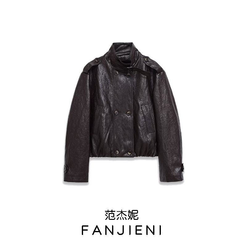 Zr Export Wholesale European and American Style Women's Clothing Fashionable Versatile Loose Stand-Up Collar Motorcycle Clothing Pu Long-Sleeved Jacket