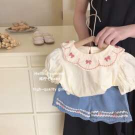 蝴蝶结宝宝小童女童衬衫棉短袖上衣女韩版可爱夏装泡泡袖柔软无