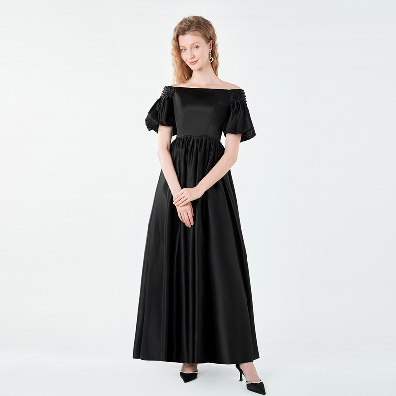 New Light Wedding Dress A- line Princess Dress Black Satin Long Dress Piano Performance Dress Short Sleeve dress