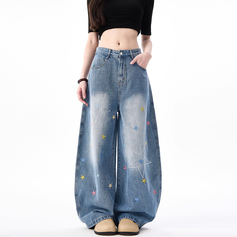 Vintage Blue Distressed Colorful Star Embroidery Scimitar Pants 2025 Loose Jeans Wide-Leg Straight Drape Long Pants Vintage Blue Distressed Colorful Star Embroidery Scimitar Pants 2025 Loose Jeans Wide-Leg Straight Drape Long Pants