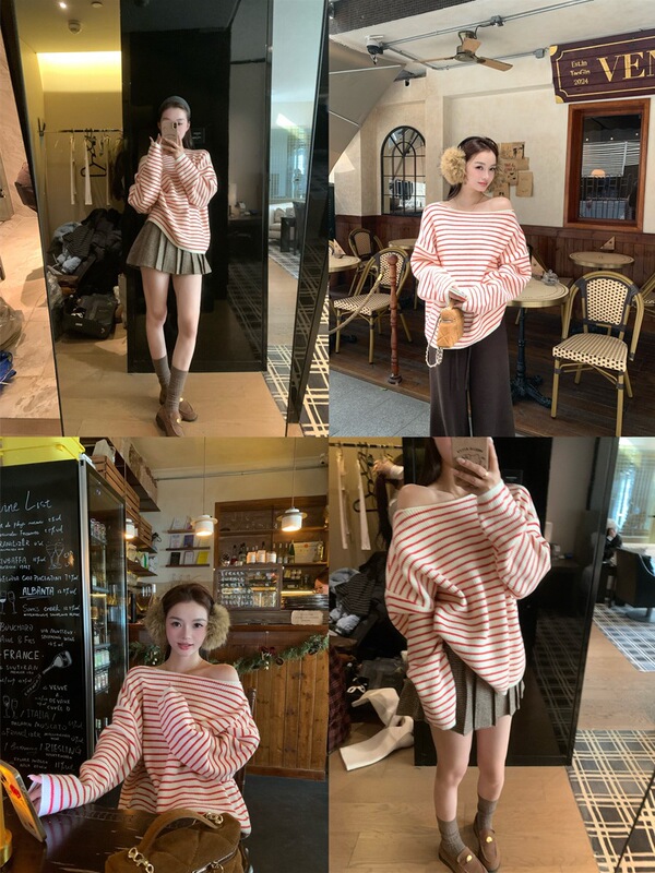 Lazy Style Contrast Stripesd Slanted Shoulder Sweater Women's Winter Niche Chic Loose Top Casual Off-Shoulder Bottoming Shirt