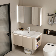 Guangdong Guzhi Bathroom Cabinet Set Cream Style Integrated Ceramic Basin Side Cabinet Vacuum Cleaner Bathroom Sink