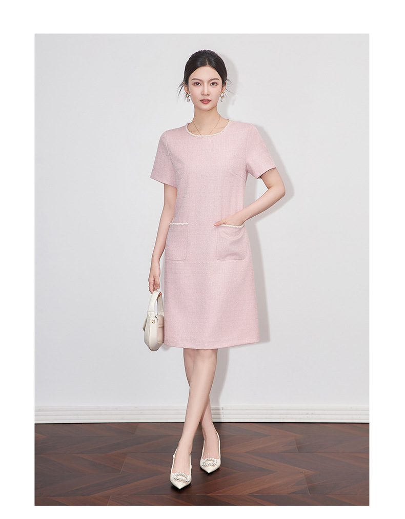 Váy liền nữ kiểu Pháp cổ tròn tay ngắn dệt jacquard ôm nhẹ — Màu be chi tiết 7