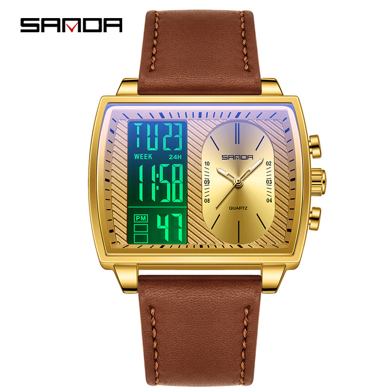 SANDA SANDA 6163 nuevo reloj electrónico de moda doble pantalla multifuncional reloj de hombre impermeable calendario de luz nocturna reloj de hombre