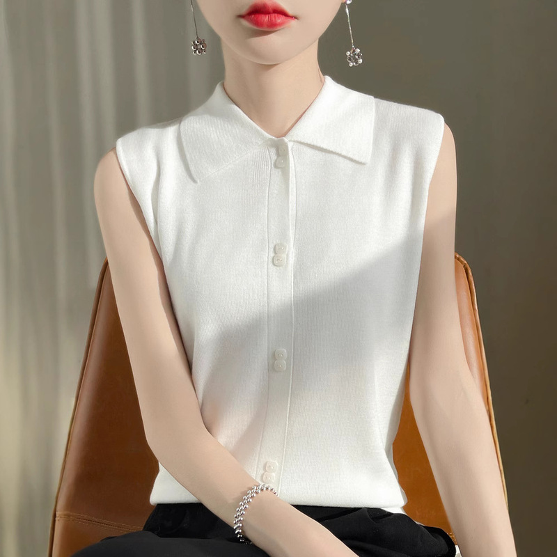 Shirt Collar Sleeveless Vest Base Shirt Women's Spring and Summer Stacked Pullover Fine Imitation Knitted Lapel Waistcoat