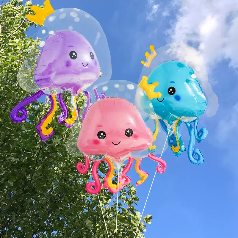 网红水母气球章鱼泡泡球双层皇冠水母三色飘空卡通水母摆摊气球