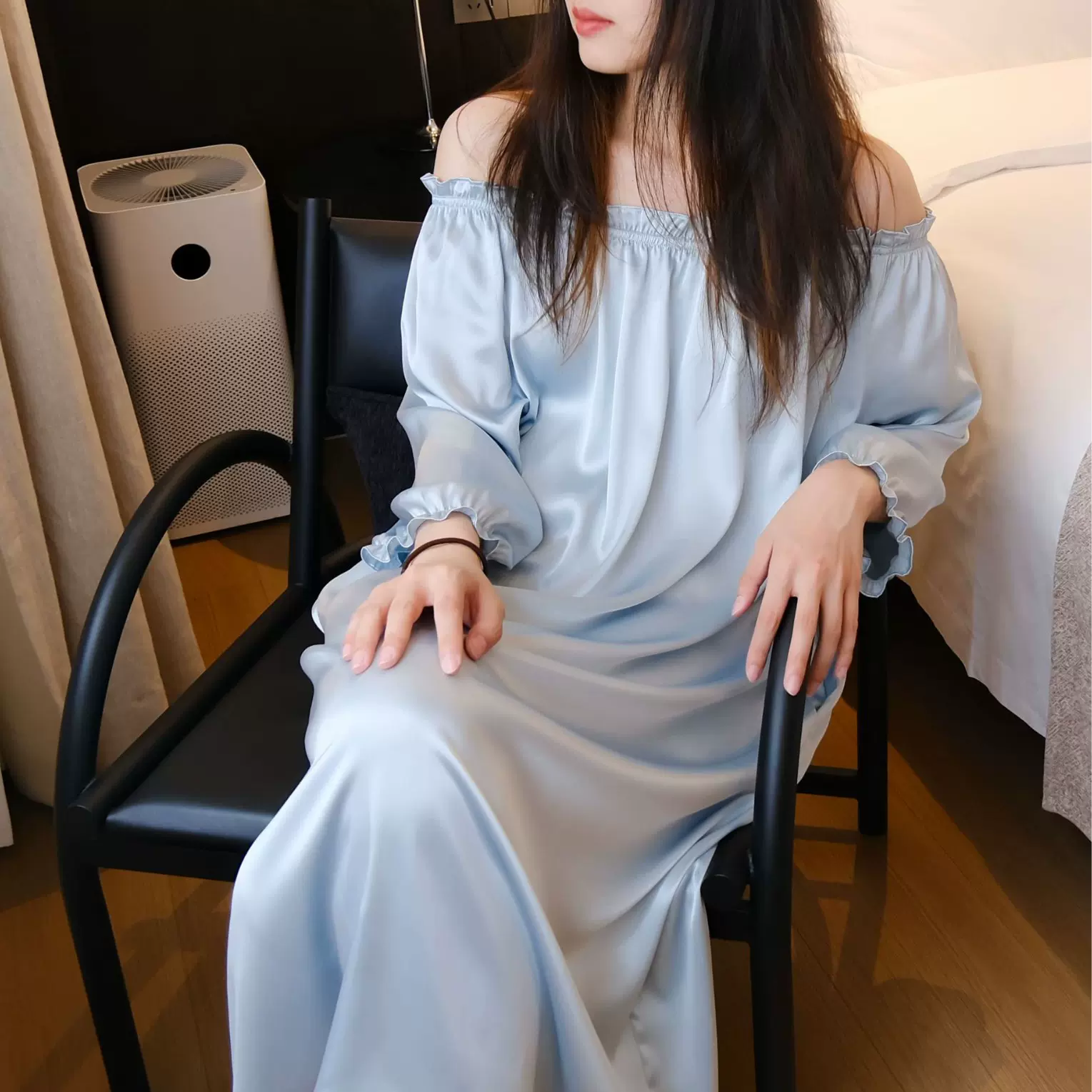 现货一字领可外穿冰丝睡裙光泽缎面可爱性感家居服一片式连衣裙夏