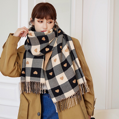 Tassel checkerboard warm love plaid imitation cashmere scarf for women winter Korean version core-spun yarn shawl scarf