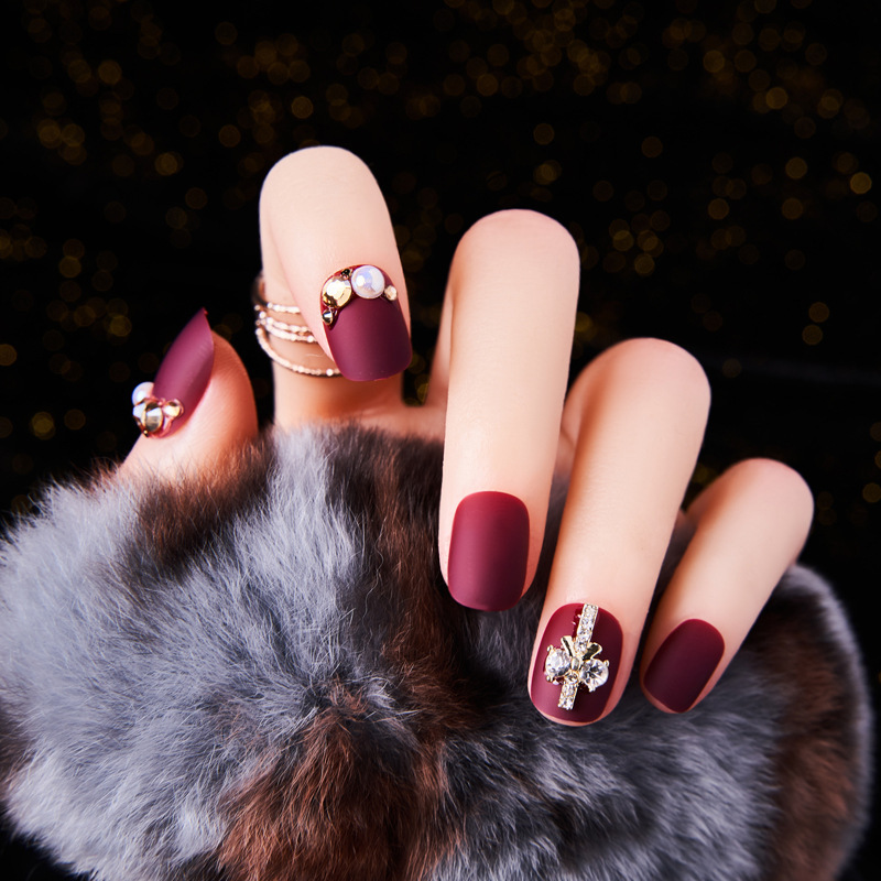 Fake Nail Finished Wearing Nail Art Removable Deep Wine Red Frosted Diamond Girl Short Nail Patch ZD-205