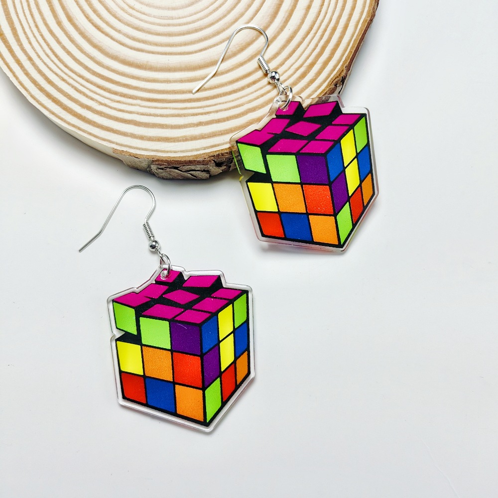 14g Weight Iron Ear Needle Material Drop Earrings Classification 1 Pair Quantity Holiday, Daily Occasion Acrylic Material Printing, Color Block, Rubik'S Cube Pattern Women's Gender Stoving Varnish Design Novelty Style 1 Pair Novelty Printing Color Block Rubik'S Cube Stoving Varnish Arylic Drop Earrings 24