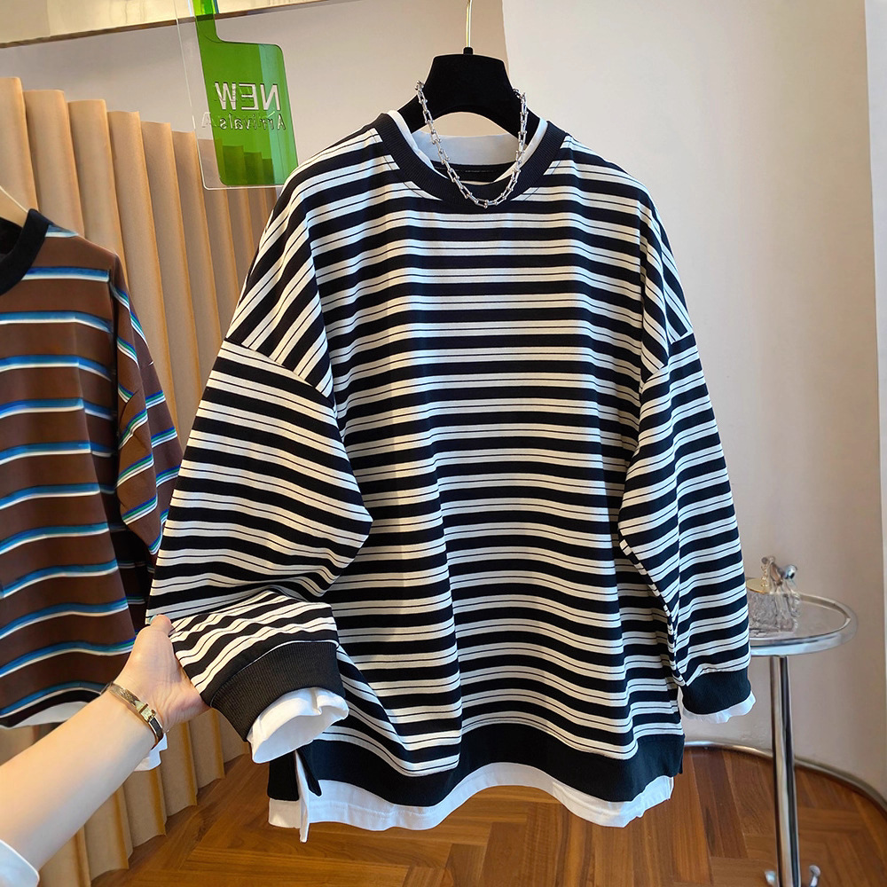 Plus Size 150kg Autumn Casual Slimming Loose Versatile Everyday Korean Style Striped Fake Two-Piece Sweatshirt