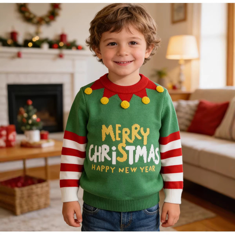 Cartoon Christmas Sweater, Round Neck, Pullover, Long Sleeves, Class A, Cross-Border, New Ins Style, Pure Cotton, Unisex, Baby, Green, Versatile Cartoon Christmas Sweater, Round Neck, Pullover, Long Sleeves, Class A, Cross-Border, New Ins Style, Pure Cotton, Unisex, Baby, Green, Versatile