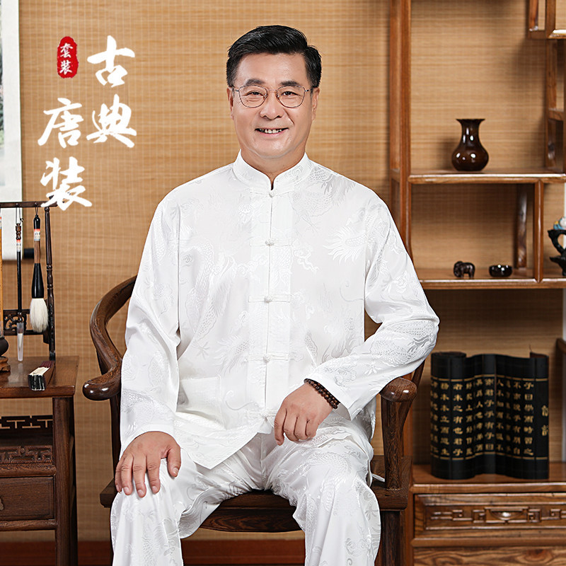 High-end Tang suit set for middle-aged and elderly fathers, long-sleeved, Chinese style, stand-up collar, casual spring wear for grandfathers.