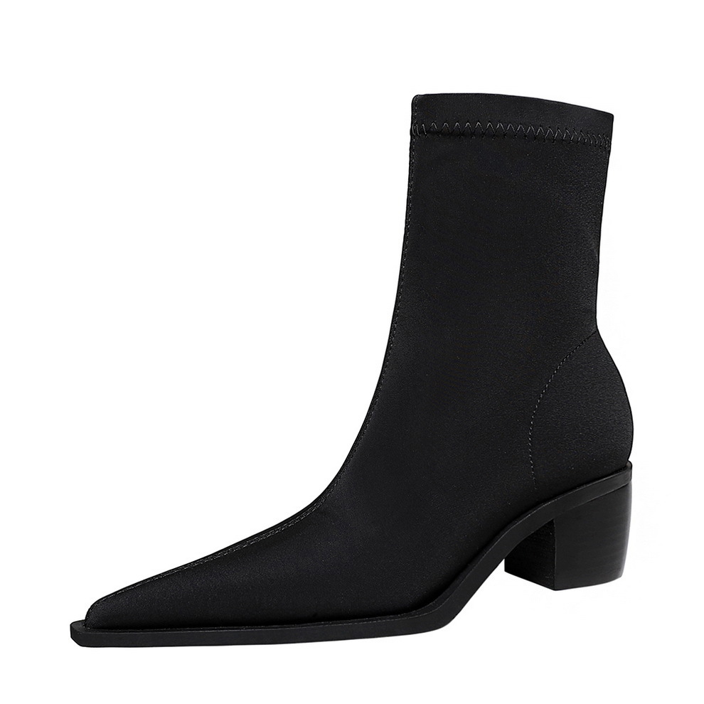 009-13 Pointed High Heel Elastic Boots Versatile Slim Boots Slim Thick Heels Middle Tube Fashion Short Boots Nude Boots Female