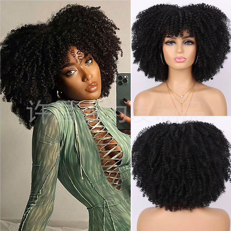 Spot wholesale foreign trade explosive head wig African small volume kinky curly fluffy short curly hair wig head cover Spot wholesale foreign trade explosive head wig African small volume kinky curly fluffy short curly hair wig head cover