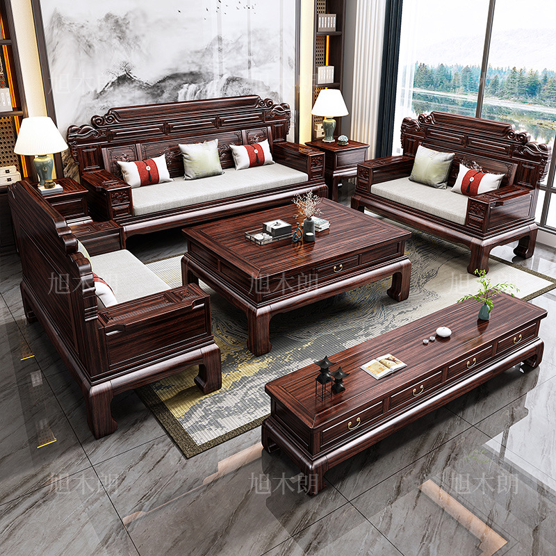 Ebony Solid Wood Sofa, New Chinese Style Living Room, Large and Small Sizes, Winter and Summer Dual-Use, Modern Antique High-End Mahogany Furniture
