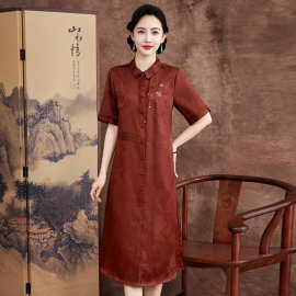 真丝红莨香云纱连衣裙女杭州丝绸刺绣改良旗袍礼服大码桑蚕丝裙子