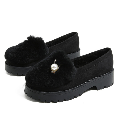 Women's Winter Outerwear Hiking Shoes 2024 New Fuzzy Rabbit Hair Cotton Shoes Thick Heel Thick Sole One-Piece Bead Shoes