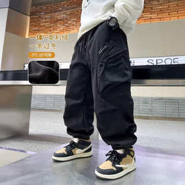 男童加绒裤子秋冬款2025新款儿童冬季一体绒工装裤中大童加厚帅气