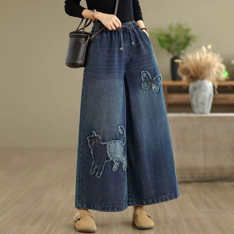 Autumn New Embroidered Denim Wide-Leg Pants for Women, Ethnic Style, Elastic Waist, Casual Retro Slimming Straight-Leg Long Pants