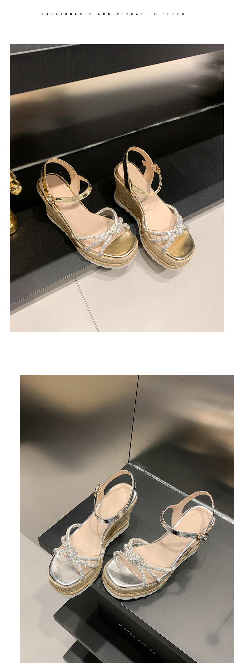 Sandal cao gót nữ hở mũi đính đá pha lê gót nêm đế cói — màu vàng, bạc chi tiết 11
