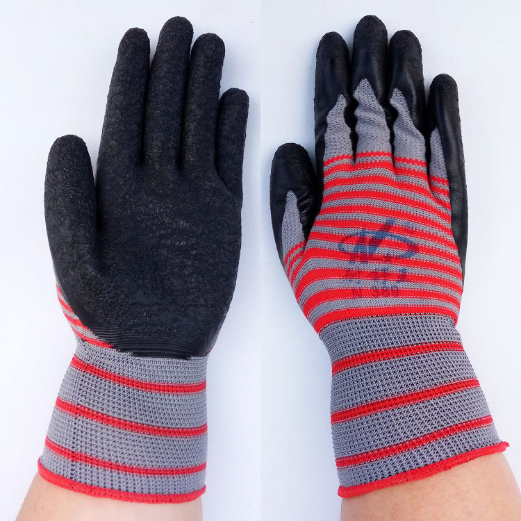 耐舒王N389十三针尼龙红条纹灰纱黑乳胶皱纹手套平挂浸胶防滑手套