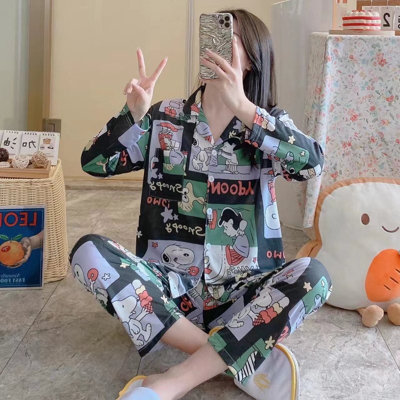 メーカー卸売春と秋の女性用パジャマ漫画ホーム服女の子長袖ズボンラペル在庫ありかわいいダブルロング|undefined