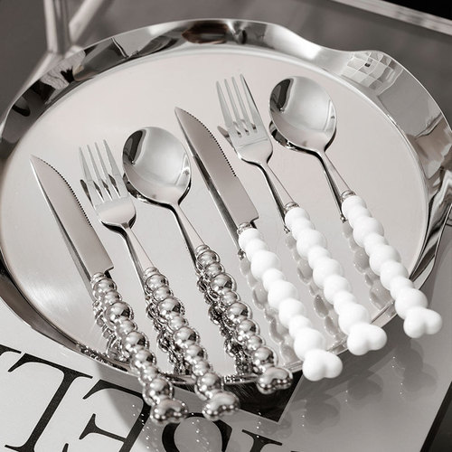 Light luxury pearl handle knife, fork and spoon set, high-looking retro Western stainless steel tableware set, three-piece wholesale