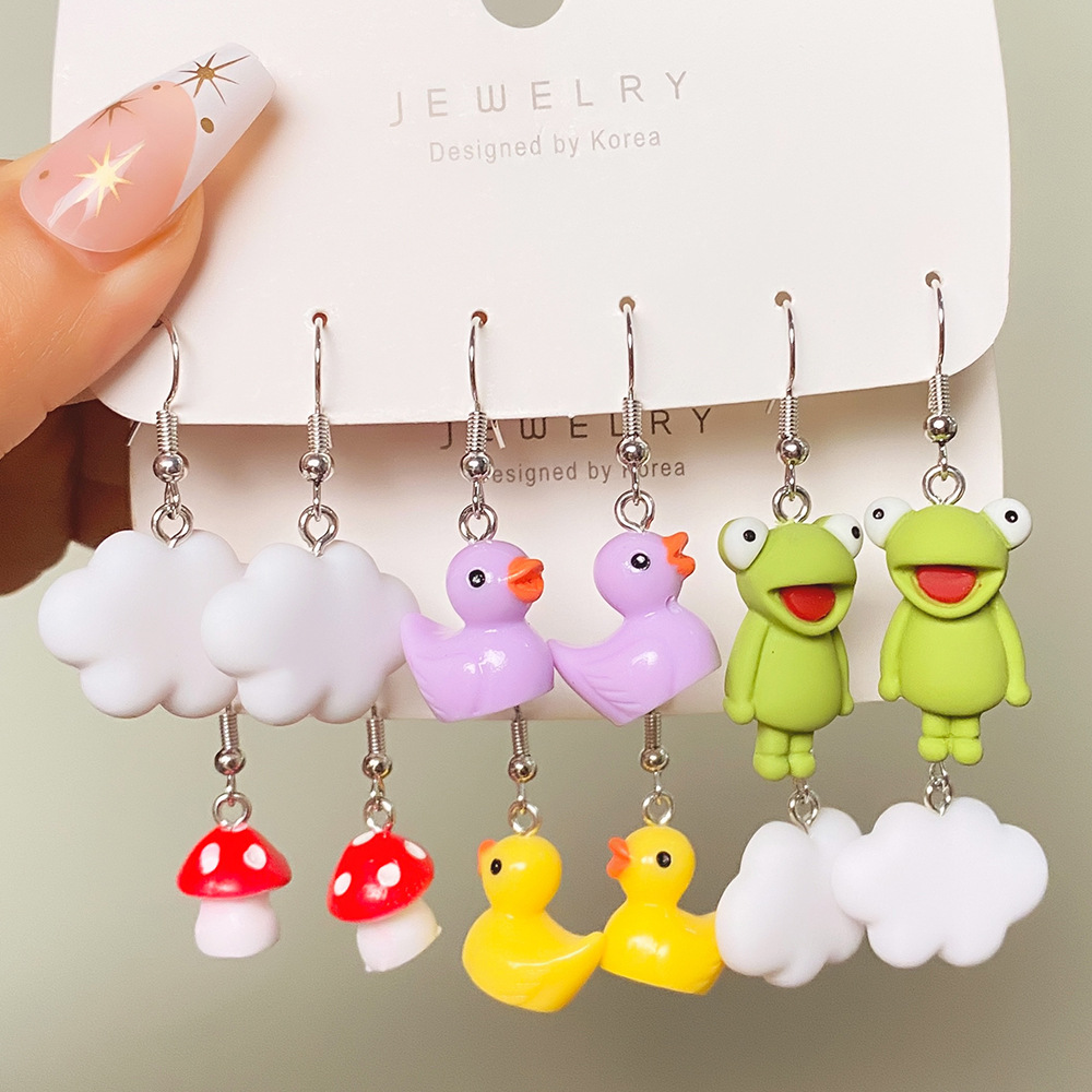 1 Set Cartoon Style Heart Shape Mushroom Duck Alloy Resin Patchwork Women's Drop Earrings display picture 2