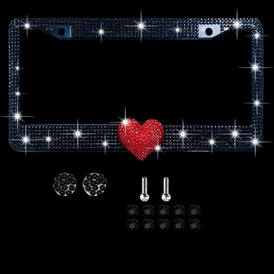 Cross-Border Diamond-Encrusted American Standard Heart-Shaped License Plate Frame Acrylic Diamond License Plate Frame Foreign Trade Stainless Steel License Plate Frame Canada (License plate holder/license plate holder) - black-and-red