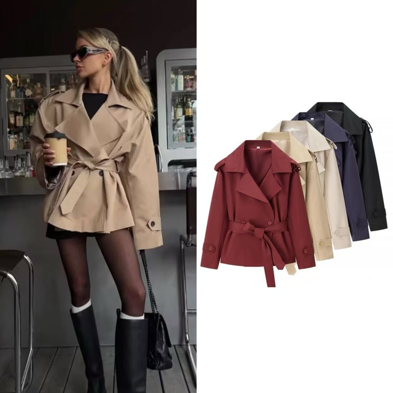 2026 European and American Style Short Trench Coat for Women, Popular Foreign Trade Item, Elegant and Slimming Fashion Women's Top with Belt