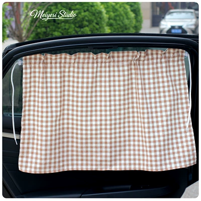 2026 Car Sunshade Curtain Side Curtain Cartoon Cotton Plaid Car Curtain Summer Sun Protection and Heat Insulation Car Sunshade (Car curtains) - brown-and-white-plaid-suction-cup-curtain
