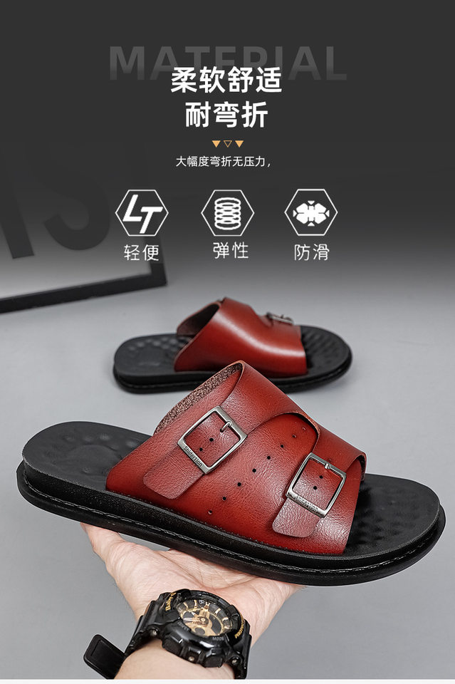 Dép sandal nam hở ngón cỡ lớn da PU chống trượt, dép lê đi biển thoáng khí — Toàn bộ màu đen, Đỏ rượu vang chi tiết 14