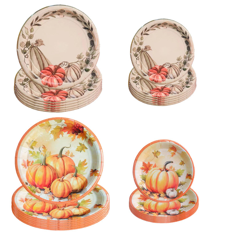 Thanksgiving Paper Plate Picnic Disposable Tableware Thickeneded Coated Cartoon Printed Paper Plate Paper Cup Birthday Party Tableware