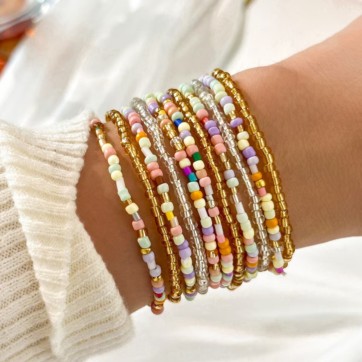 Cross-border jewelry hot selling set beaded geometric bracelet multi-layer color rice beads elastic bracelet wholesale