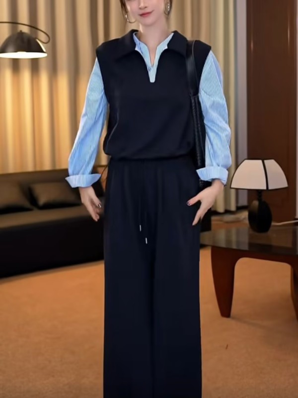 假两件条纹拼接POLO领卫衣女装2025秋季宽松显瘦百搭洋气减龄上衣|undefined