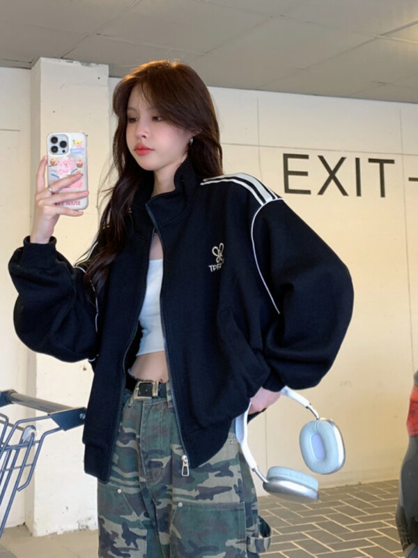 美式棒球服女春秋季百搭宽松bf风运动休闲白色立领短款夹克外套潮|undefined