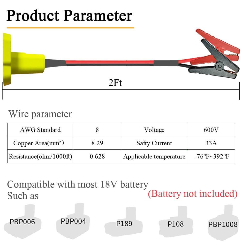 Jumper Cable Adapter Battery Starter Car Booster Cable for Ryobi 18V Battery