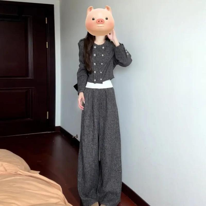 韩系慵懒松弛感早秋季穿搭一整套装裤子女2025新款初秋装灰色外套|undefined