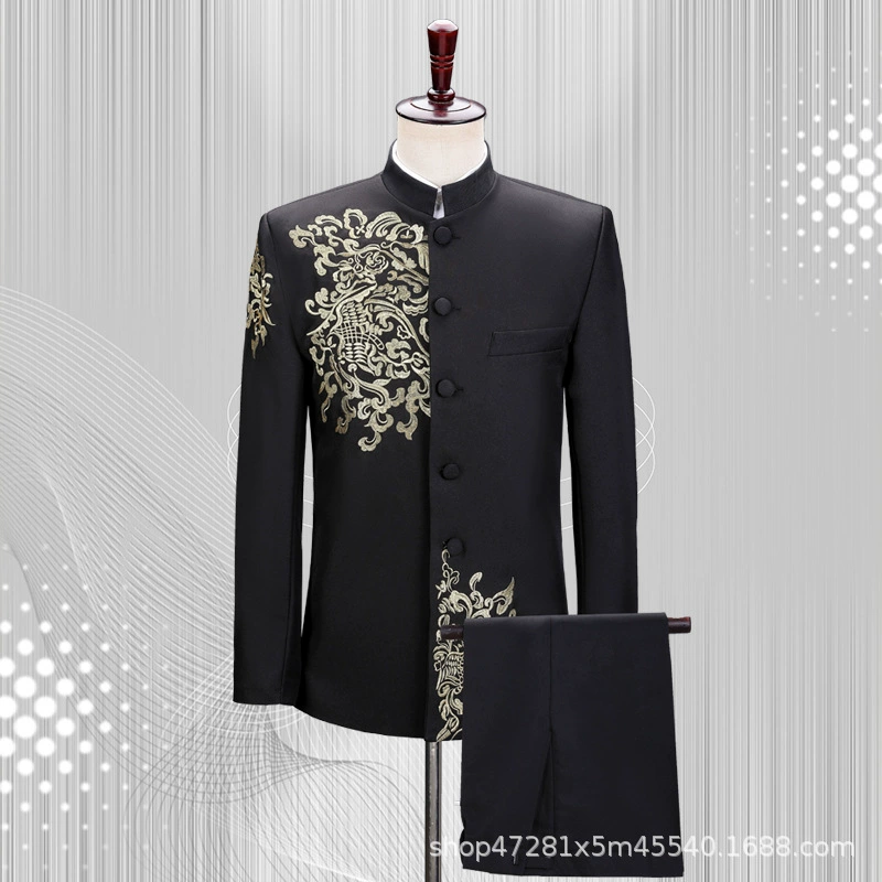 Черный костюм Мао с вышитым воротником, мужской новый костюм для выступления молодежного хора китайского певца, костюм Тан