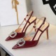 312-K202 stylish high-heeled shoes with rhinestone V-buckle decoration, pointed shallow mouth straight buckle strap, single shoe for women