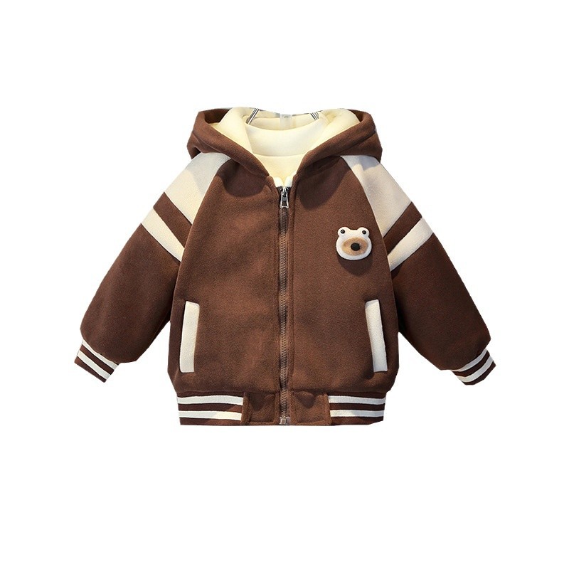 소년 곰 코트 2024 년 가을과 겨울 새로운 어린이 기모 두꺼운 최고의 동계 올림픽 곡물 양털 후드 옷