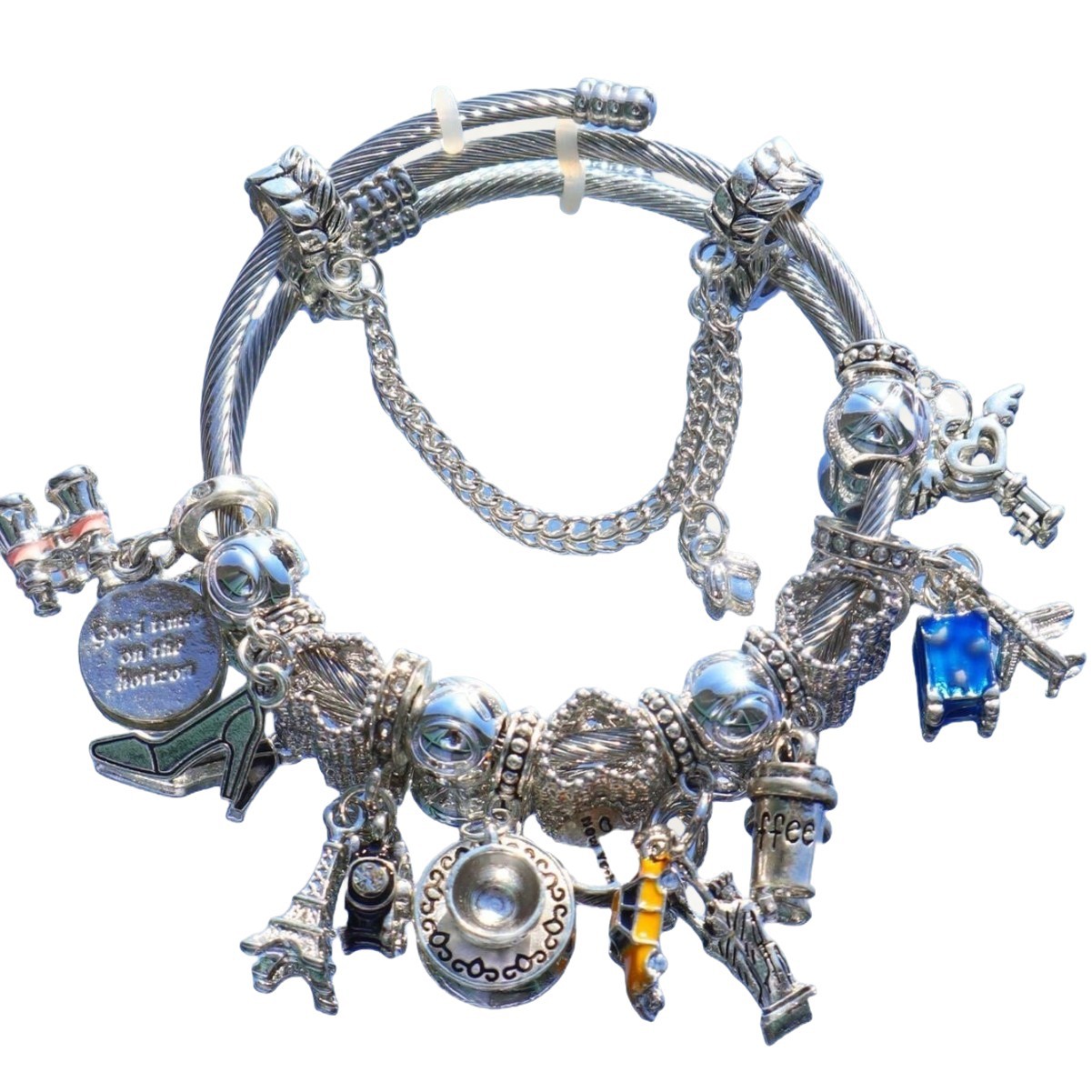 Pulsera Pan-DIY pulsera de estilo explosivo transfronterizo Telescopio Coche Avión Torre de hierro Cámara de café Joyas de amor