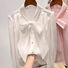 欧货气质显瘦纯色V领衬衫女春夏新款欧根纱系带长袖雪纺衬衣