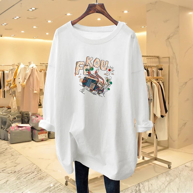 Cartoon Long-Sleeved T-Shirt for Women 2025 New Loose Large Size Casual Mid-Length Bottoming Shirt Spring & Fall Butt-Covering Top
