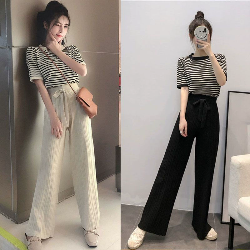 Шикарный летний костюм в Корейском стиле 2024, новый простой Повседневный свитер, контрастные цветные полосатые брюки на шнуровке, комплект из двух предметов
