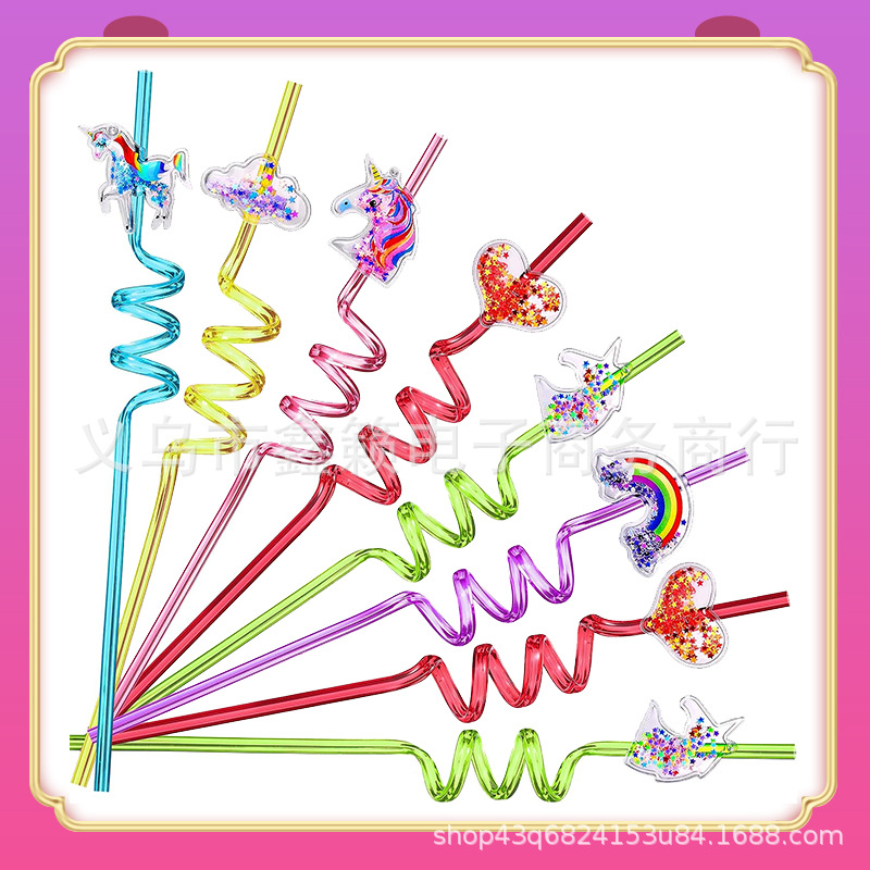 Color Gritt paja traje aire paquete PET creativo espiral fiesta dibujos animados paja Amazon caliente